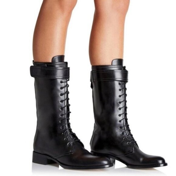 Tamara Mellon Shoes - Tamara Mellon Combat Mid Calf Boots in Black Vitello 37.5 7.5